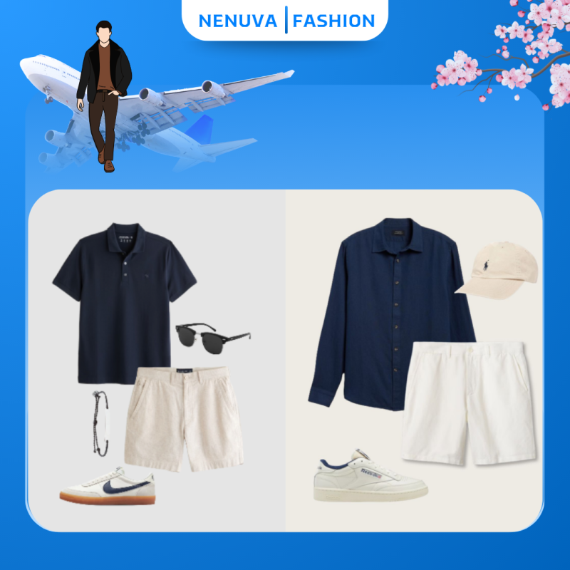 quần short màu be phối với áo tối màu
